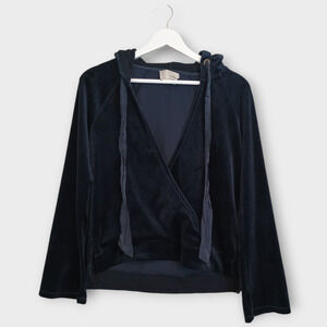 Anthropologie Saturday Sunday Hoodie Women XS Navy Velour Faux Wrap Whimsy Goth